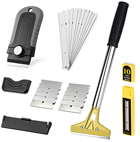 EHDIS Rasquetas Set - Rasquetas con Agarre Suave y Rascador para Vitrocerámica, 10 Cuchillas 100 mm, 10 Cuchillas 38mm, Raspador de Vidrio, para Ventana de Vidrio, Granito, Limpieza de Paredes