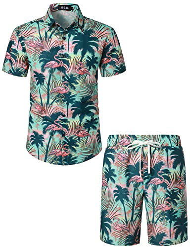 JOGAL Camicia hawaiana da uomo con fenicottero, a maniche corte e pantaloni corti, set da spiaggia, rosa verde, M