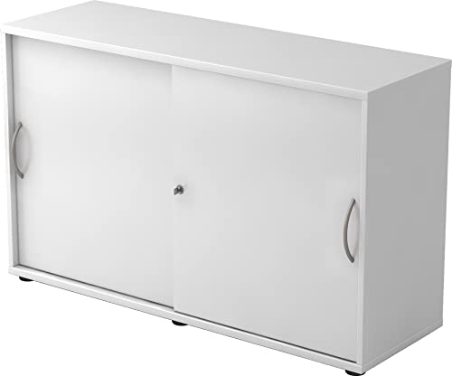 bümö Schiebetürenschrank 2OH - Aktenschrank abschließbar, Sideboard Schrank mit Schiebetüren in Weiss, Bogengriff - Büroschrank aus Holz mit Schiebetür, Büro Kommode für Ordner & Co.