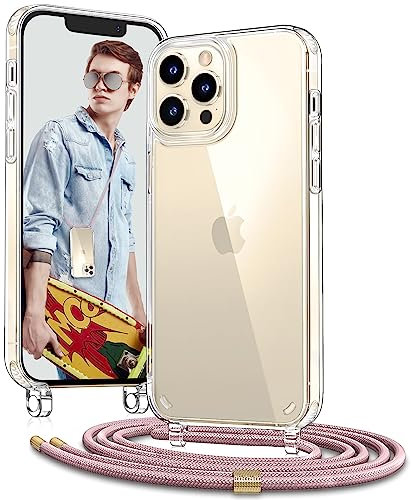 Vaykwo Funda con Cuerda para iPhone 12 Pro MAX de 6,7 Pulgadas, Funda con Cordón Ajustable para el Cuello para iPhone 12 Pro MAX, Funda Transparente con Correa para el Cuello, OroRosa