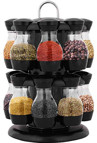 16 Spice Jars Revolving Spice Rack - 2 Tier Countertop Carousel Stand | Free Standing Home Kitchen Organizer for Herbs | Round Tower Spice Rack Holder