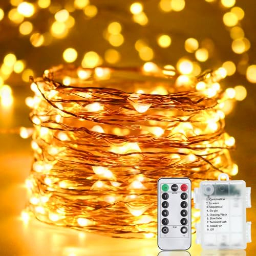 Luci Albero di Natale a Batteria, 10M 100 LED Filo di Rame Luci Catena Luminosa da Esterno Interno con Telecomando 8 modalità ed Timer Decorazione per Festa,Halloween,Giardino,Matrimonio,Bianco caldo