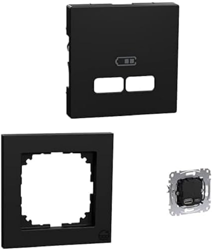 Bundle aus Merten - Zentralplatte für USB Ladestation, Aus Recyceltem Material, Schwarz Matt + Merten Rahmen, aus recyceltem Ocean Plastic + Schneider Electric USB Ladestation-Einsatz Typ A+C