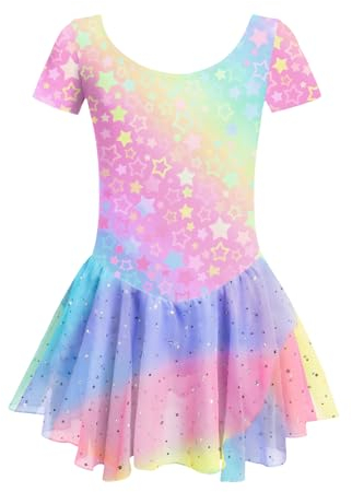 untlet Ballett Tanzkleid Kinder Ballettanzug Ballettkleidung Mädchen Ballettkleid Kurzarm Ballett Outfit Bunt Ballerina Kleid U-Ausschnitt Balletttrikot mit Rock Tütü,Regenbogen,140