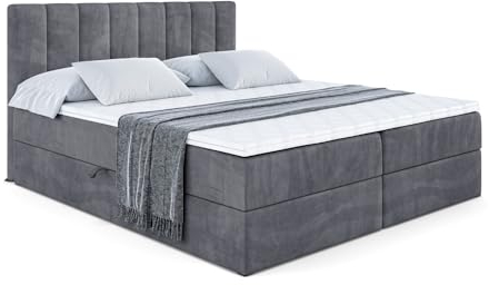 ALTDECOR Boxspringbett mit Matratze und Lattenrost, Boxbett, Topper, Polsterbett mit Bettkasten, Bett mit Stauraum H4-Matratze, Doppelbett, Springboxbett OTTA - 140x200 - Dunkelgrau Samt