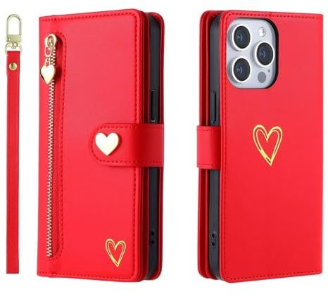 Beajew Hülle für Google Pixel 3, 9 Kartenfäche Leder Geldbörse Stoßfest Flip Case mit Handschlaufe Standfunktion Reißverschluss Handyhülle Magnetverschluss Wallet,Rot