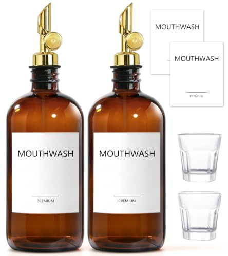 TOLDATLI Mouthwash Dispenser for Bathroom, Glass Mouthwash Dispenser with Cup, Mouth Wash Container Bottle with Cup, Refillable Mouthwash Decanter, Amber, 2 Pack, 17oz