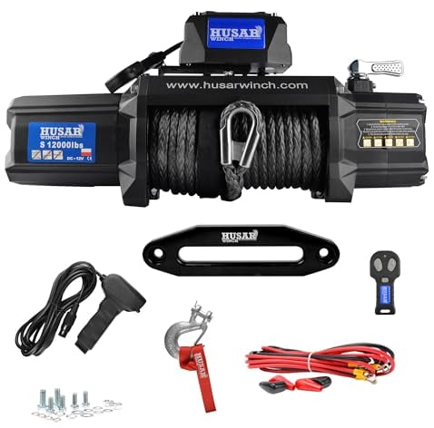 Husar Winch Elektrische Seilwinde 12V, 12000 lbs (5443 kg) mit Drahtseil 25m, drahtlose Steuerung, 3-Stufen-Planetengetriebe - für Abschleppwagen, Geländewagen, Fahrzeuge 4x4