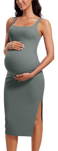 CRZ YOGA Femmes Butterluxe sans Manches Maternité Robe La Division Ruché La Grossesse Bodycone Robe Sauge Grise 42