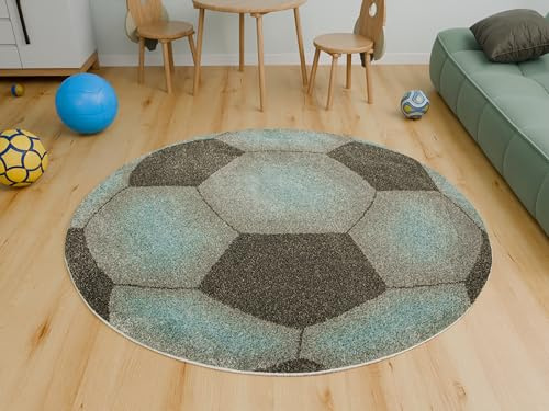 AKCILA Modischer Runder Kinderteppich Lima Fußball - Grau-Blau 120 cm - Waschbarer Kinderzimmer Teppich - Weicher Teppich Kinderzimmer - Ideal für Jungen – Dekoteppich