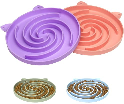 Bifeaw Silicone Slow Cat Bowl Feeder - Cat Slow Feeder Dry Wet Food for Healthy Eating - Easy to Clean (Purple and Pink)