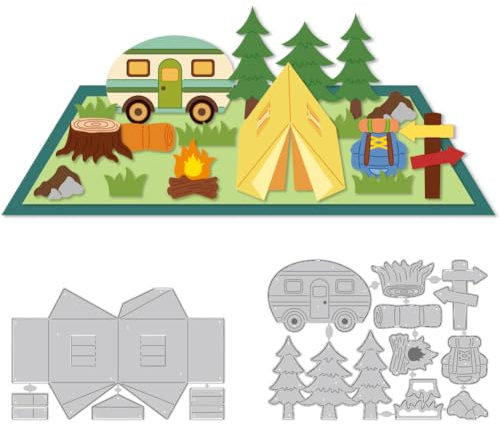 DELORIGIN 3D Camping Stanzformen Metallbaum Autozelte Stanzformen Kartenherstellung Stanzschablone Prägeschablonen Stanzschablonen Rahmen Für Heimwerker Prägungen Scrapbooking Basteln Festival Dekor