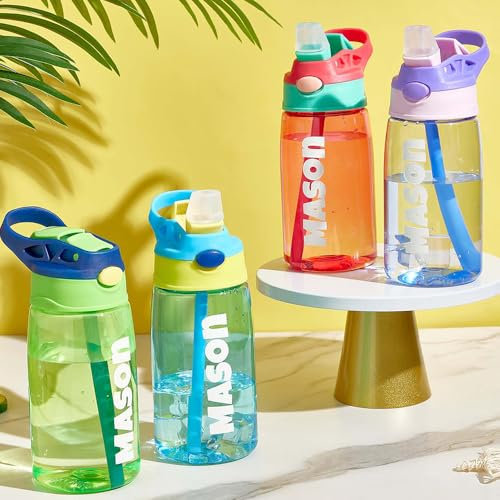 VEELU Gourde Personnalisable pour Enfant avec Paille et Couvercle, Bouteille d'eau Personnalisée Prenom Sans BPA Tritan, Gourde Étanche Réutilisable pour École, Sport, Maternelle -Multicolore 480ml