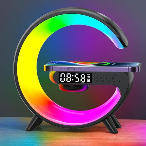 mumisuto Atmosphärenlampe, G Förmiger Nachttischlampe mit Ladefunktion, Bluetooth Lichtwecker Stimmungslicht über USB-c-Ladekabel Angeschlossen, LED Tischlampe (Schwarz, Stets eingestecktes Modell)