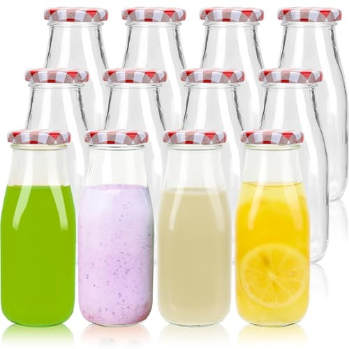 SHiZAK Botellas de leche de vidrio con tapas a cuadros, paquete de 12 botellas de vidrio transparente de 11 onzas (plato), tarros de leche de vidrio de 330 ml para jugo, agua, miel y almacenamiento