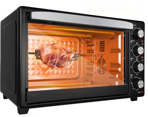 48L Mini Oven and Grill, Energy Efficient Electric countertop oven, 2000W Electric Oven with Rotisserie & 60 Minutes Timer, 100-250°C Temperature Control, With Wire Rack and Baking Tray, Black
