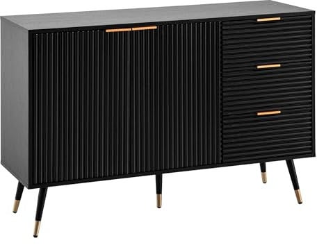 FineBuy Sideboard 120x80x40 cm Anrichte Schwarz mit Eiche-Dekor, Kommode mit Türen und Schubladen, Kommodenschrank Flurschrank Modern, Standschrank Wohnzimmer Metallbeine