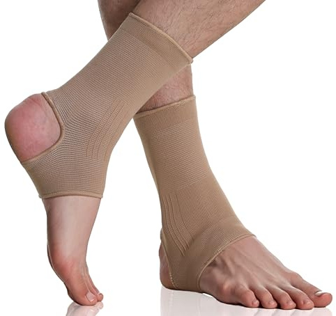 Neotech Care Ankle Support Sleeve - Open Heel, Light, Elastic & Breathable Knitted Fabric - Medium Compression - For Men, Women, Kids - Right or Left Foot (Beige Colour, Size S, 1 Pair)