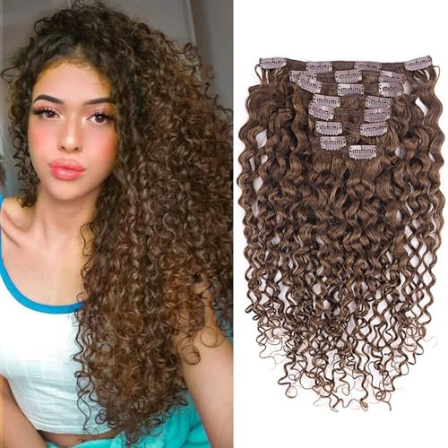 Fulang Hair Kinky Curly Clip in Hair Extensions Echthaar 55cm 8PCS 120g Dunkel Braun Haarteile Echthaar Extensions Clip in Haarverlängerung für Frauen