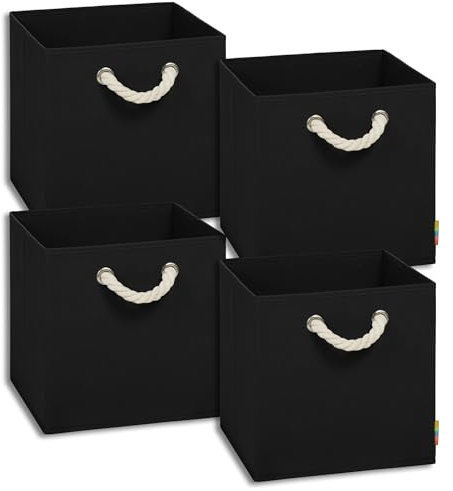 Storanda | 4er Set Aufbewahrungsbox | Kordel Griffband | Stabile & Faltbare Boxen | Regalboxen für Würfelregal Kallax | Ideal für Zuhause & Kinderzimmer | 30x30x30 cm | Schwarz