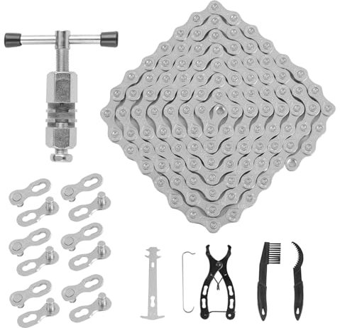 Fahrradkette - 6/7/8 Fach Fahrrad Kette 1/2 x 3/32 Inch 116 Glieder - Kettenwerkzeug Set - Aluminiumlegierung - Kettenbrecher - Für die Kettenreparatur von Mountainbike, Rennrad (Silber)
