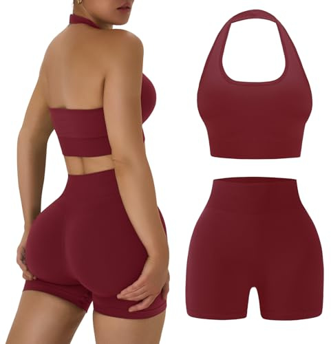 OLCHEE Workout Sets for Women 2 Piece Backless Halter Sports Bra High Waist Booty Shorts Yoga Gym Outfits Lounge Activewear - Solid Red Medium