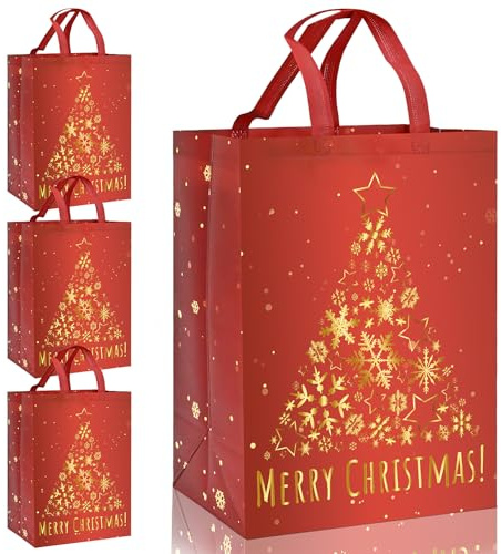 FMDPZUP Large Gift Bags,4 Pack Red Christmas Tote Bags with Gold Tree Handle Non-woven Fabric Present Bag,41 * 30 * 18cm Xmas Reusable Shopping Bag
