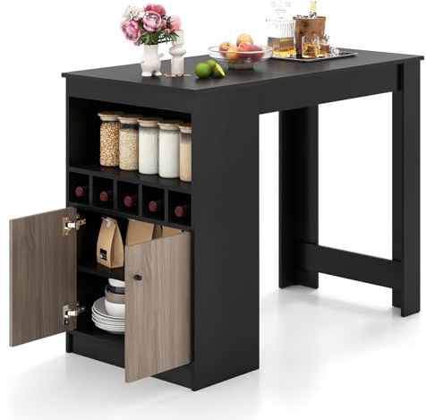 GIANTEX Bartisch Küche, Küchentheke mit Stauraum, Esszimmertisch Küchentisch mit Weinregal & offenen Fächern & Tür, Hausbar Bar Tresen, Hoher Tresentisch, Stehtisch Bar Theke Holz, 120 x 60 x 91,5 cm