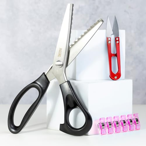 PADUNE® Tijeras ondas 7mm. + Cortahilos + pinzas costura para tela | Tijeras Dentadas Costura de Acero Inoxidable para tela y manualidades. (Ondas 7mm)