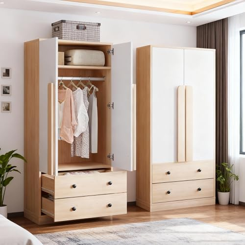 Yihomfy mit 2 Türen & Rattan, Landhausstil Weiß mit großer Schublade, höhenverstellbaren Regalen & Kleiderstange, Inkl. Kippsicherung, 180x85x52 cm (Natural+White, 170x70x40cm)