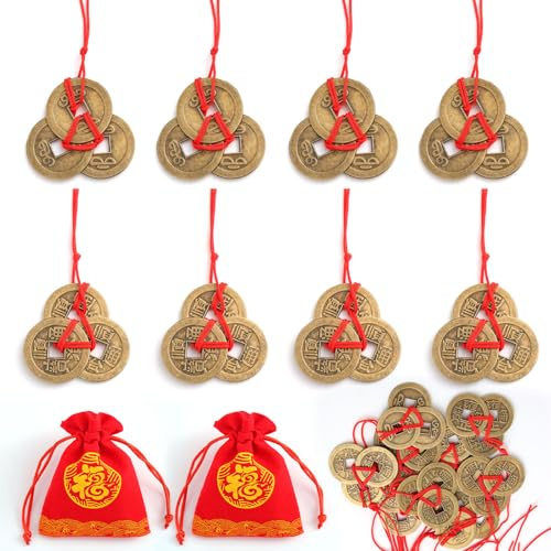 20uds Chinas Cobre Monedas Fortuna y Bolsa Buena Suerte Juego, Auspiciosas Monedas de La Suerte con Hilo Rojo y Bolsa Fortuna Decoraciones del Año Nuevo Lunar para Hogar Oficina Coche