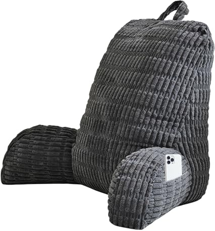 PORFOYO Rückenkissen Bettsitzkissen Mit Armlehne, Lesekissen Für Bett Und Sofa, Bettkissen Rückenlehne 80×40×55 cm, Weich Mit Seitentasche Für Handy & Fernbedienung, Dunkelgrau