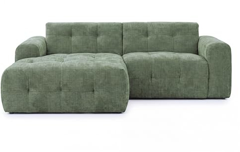 Modernes Ecksofa mit Ottomane links und raffinierten Steppungen, B234/T161/H79 cm, mit Wellenunterfederung, angenehm weicher, strapazierfähiger Chenille-Bezug in Grün / 21040