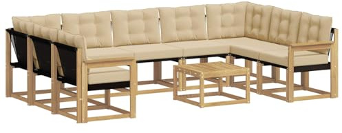 vidaXL Outdoor-Sofagarnitur mit Kissen 10 pcs Weiß und Beige, Moderne Gartenmöbel, Akazienholz-Sofa, Textilene-Rücken, strapazierfähige Sitzmöbel, Bequeme Liegeplätze