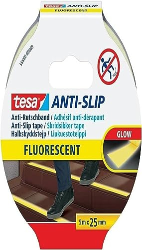 tesa Anti-Rutschband - Rutschfestes Klebeband für innen und außen - Für Treppen, Leitern und glatte Böden - Fluoreszierend - 5 m x 25 mm