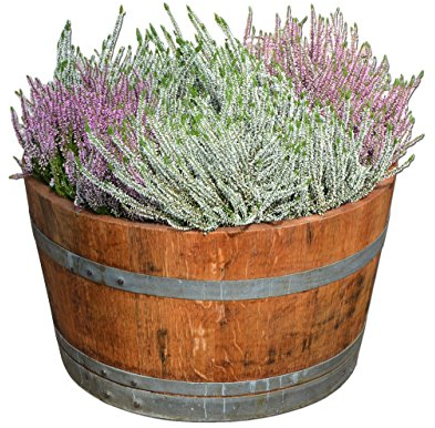Holzfass als Pflanzkübel, Weinfass halbiert geölt (D70 cm) (Schlaufen + Rollen + Bohrungen)