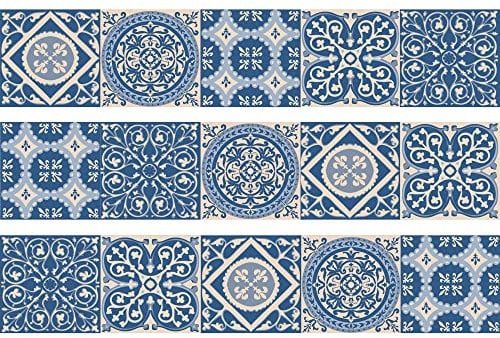 Lot 3 Adhésif Autocollant Contremarche 19,5x100cm Carreaux Ciment Bleu Déco Intérieure/Extérieure - Idéal pour Sols, Murs, Escaliers, etc.