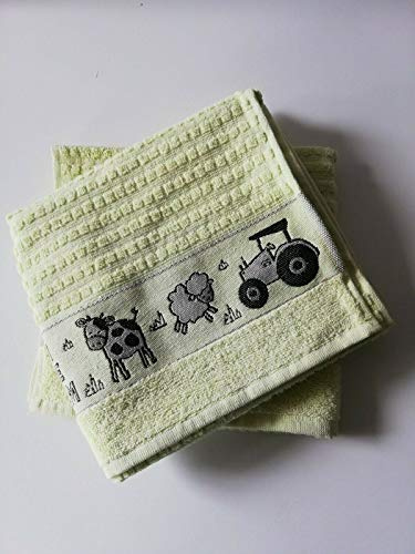 Sue Rossi Ltd 100% Cotton Tea Towels Waffle Embroidered Animal Cooks Cloth Luxury 3 Pack Kitchen Towel Set (Green Farmyard)