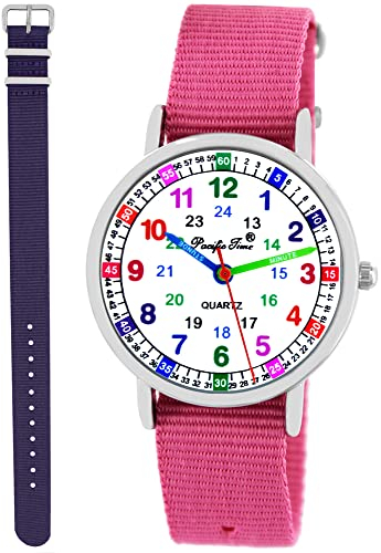Pacific Time Kinder Armbanduhr Mädchen Lernuhr 2 Wechsel Textilarmband rosa violett analog Quarz 11130