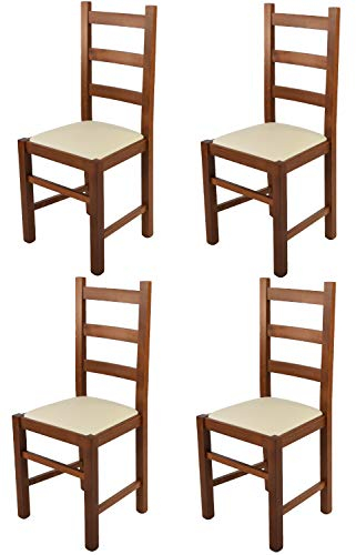 t m c s Tommychairs - Set 4 sillas Rustica para Cocina y Comedor, Estructura en Madera de Haya Color Nogal Claro y Asiento tapizado en Polipiel Color Marfil