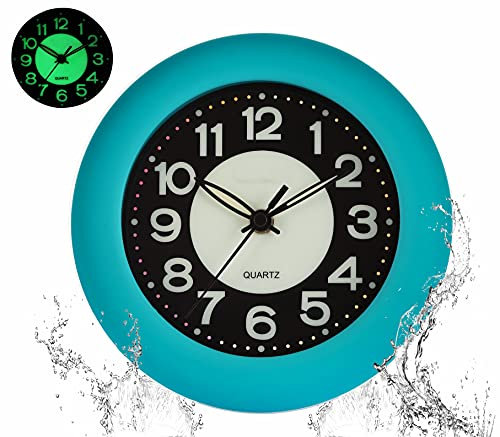 LXSZRPH Shower Clock Luminous Bathroom Wall Clock, Waterproof for Water Spray, Battery Powered, Non Ticking Silent Analog Clocks for Bedroom Livingroom Babyroom (Blue)