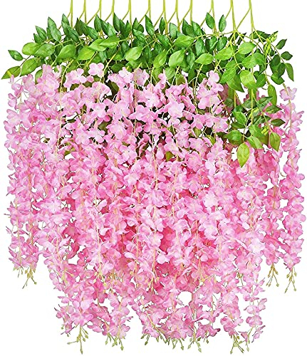 Yeehliny Künstlich hängende Blumen, Blauregen Seidenblumen,hängende Dekoration Garland Seide Blumen für Party Home Dekoration Hochzeiten, 110 cm, 12 stück (Rosa)