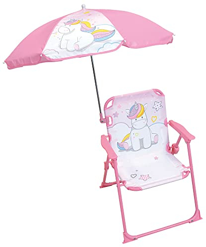 FUN HOUSE | Chaise Pliante pour Enfant Rose Thème Licorne avec Parasol Ø65 Cm | H53 x L39 x P39 Cm | Mobilier Extérieur Léger et Transportable | Parfait pour Jardin ou Plage | Idée Cadeau Plen Air