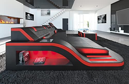 Ledersofa Palermo L Form Sofa - mit LED Beleuchtung, verstellbare Kopfstützen, Recamiere/Lederfarben wählbar/Ausrichtung wählbar (Ottomane Links, Schwarz-Rot)