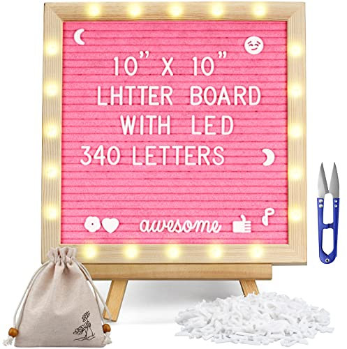 Rosa Filz-Brieftafel mit Lichtern, integrierte LED-Lichter, verstellbarer Ständer, 340 Buchstaben und Weihnachten, für Menüs, Schwangerschaftsankündigung, Hochzeiten, Partyplanung (10 x 10)