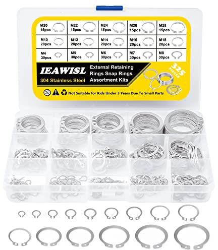 325 Stück Sicherungsring Set, 304 Edelstahl 4-28mm Sprengring Sortiment Sicherungsringe, E-Clip Sicherungsringe Set, C-Clips Sprengringe Nutenring Seegering auf Gerillten Schäften, Pins, Bolzen