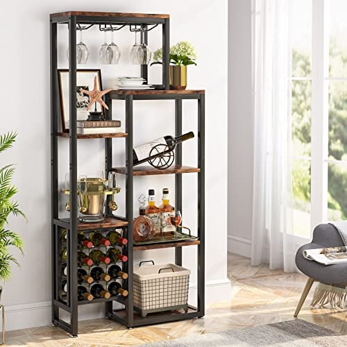 Tribesigns Weinregal freistehender Boden, 5-stöckiges Weinbäckerregal mit Glashalter & Weinaufbewahrung, industrielles Weinregal, Weinbarschrank, für Bar, Küche, Esszimmer (Rustic Brown 1pc)
