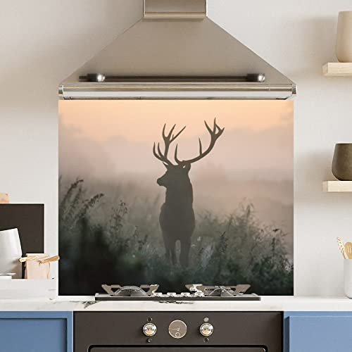 Premium 90 cm x 75 cm Wild Misty Stag Glass 6mm Kitchen Splashback Heat Resistant Toughened Polished Edges - Back Splash Back Coloured Hob Painted Tempered Splashback