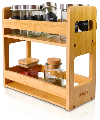 Luxva® Bambus Gewürzregal für die Wand oder stehend, Küchenregal mit 2 geräumigen Etagen, 28 x 28 x 11,5 cm, Gewürzständer zur Aufbewahrung von Gewürzbehälter und Kräutern (modern groß)