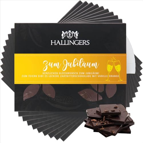 Hallingers Genuss Manufaktur Vegane Schokolade Glückwunsch-Geschenk - Tafel handgeschöpfter Edelkakao ohne Alkohol edler Karton 10x Zum Jubiläum Vanille-Orange, Geschenkidee für Frauen Männer